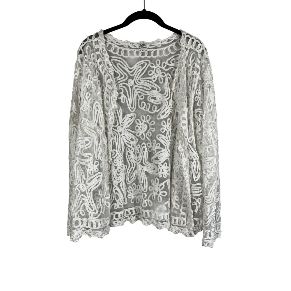 Beaded Floral Mesh Cardigan White XL Neutral Preppy Chic Cottage‎ Classic Retro